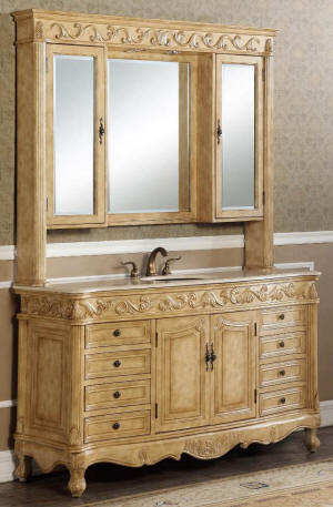 60-Inch Antique Style Single Sink Bathroom Vanity with Mirrored Hutch in Antique beige Cabinet Color Finish.